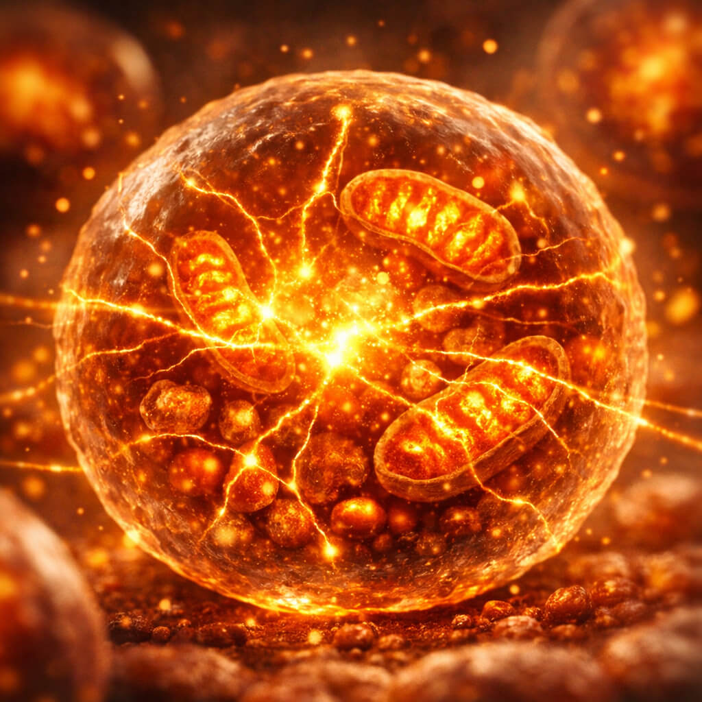 Conceptual illustration of a cell with glowing amber energy lines representing internal metabolic inflammation and mitochondrial stress. Title: Spotting the Hidden Cellular Fire of Metabolic Inflammation