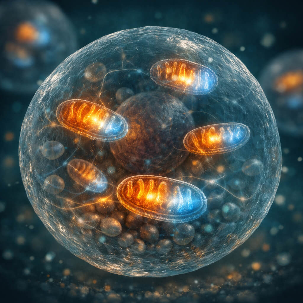 A detailed artistic visualization of a human cell showing mitochondria glowing with fading blue and amber light to indicate early energy decline.