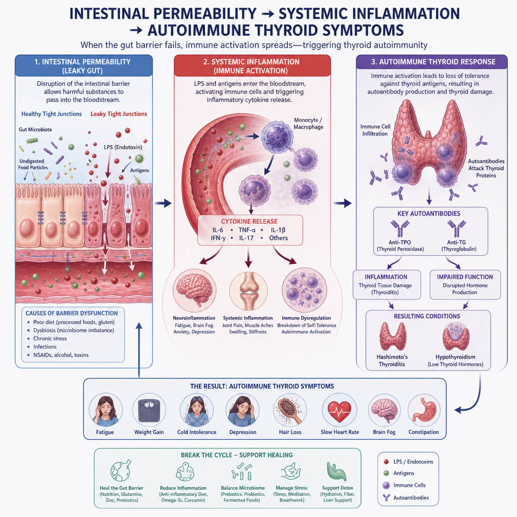 Medical diagram showing intestinal permeability leading to systemic inflammation and triggering autoimmune thyroid symptoms.