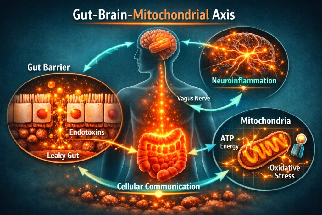 Diagram illustrating the gut-brain-mitochondrial axis, showing tight junction proteins and energy production pathways.