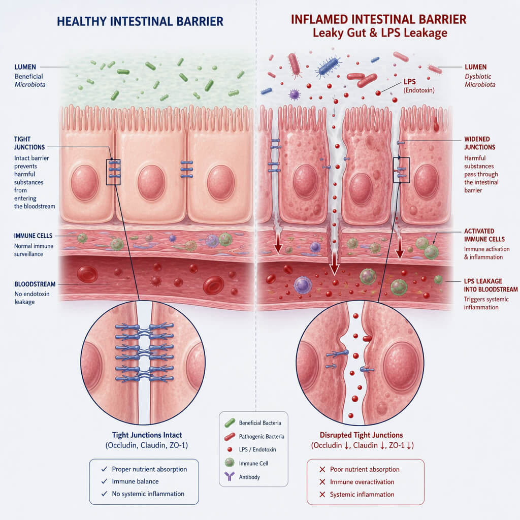 A high-resolution, stylized clinical illustration of a cross-section of the human intestinal barrier showing the difference between healthy tight junctions and active gut inflammation symptoms.