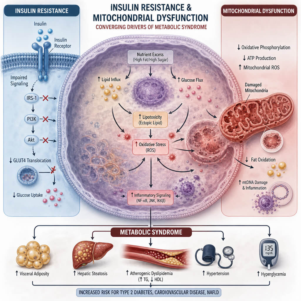 Medical illustration showing cellular insulin resistance driving metabolic syndrome women over 40 face.