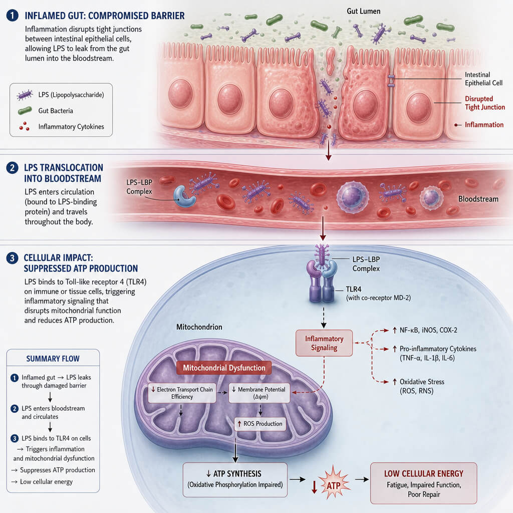 Scientific diagram illustrating how circulating lipopolysaccharides translocate from an inflamed gut to suppress cellular mitochondrial ATP energy production.