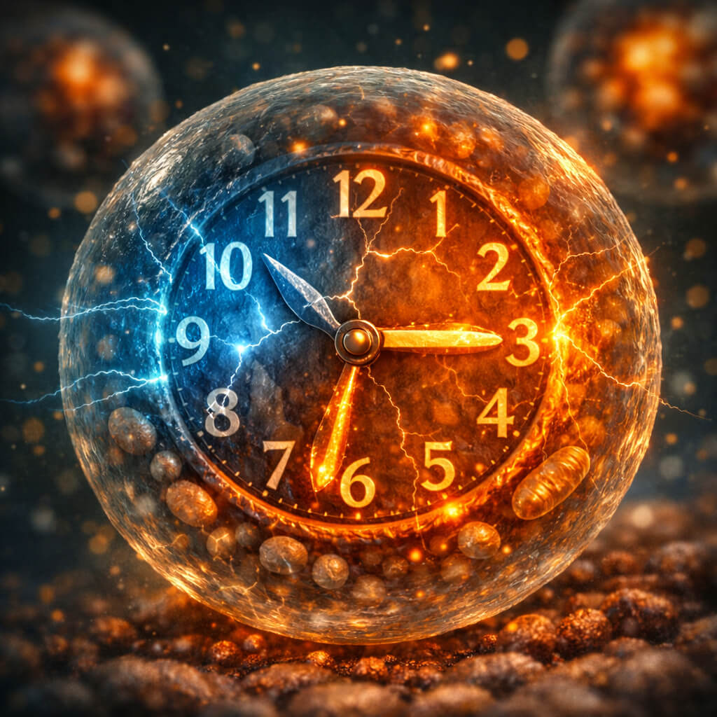 Conceptual illustration of a human cell containing a glowing clock face out of sync, symbolizing metabolic circadian misalignment and internal energy drain.