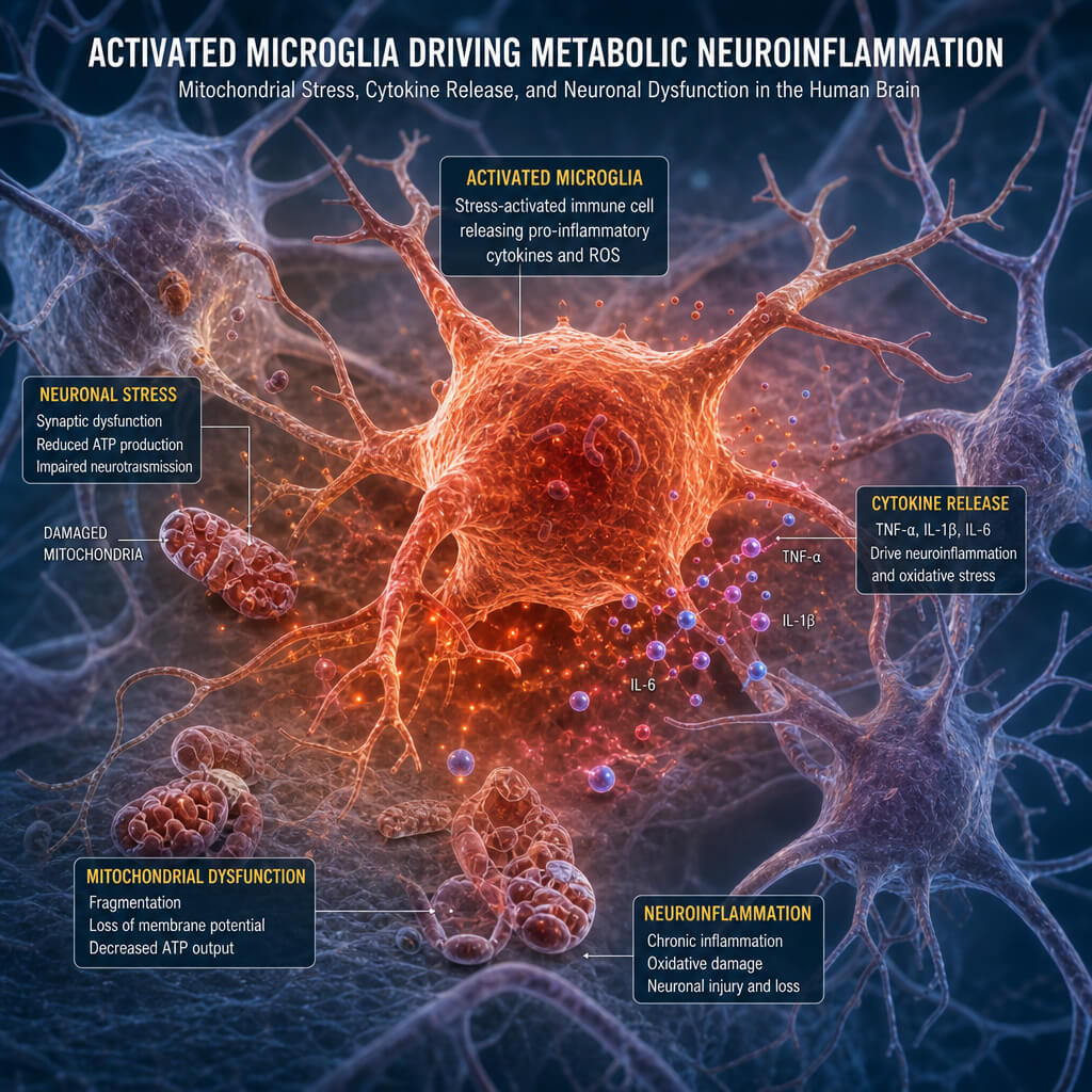 High-resolution medical illustration of an activated microglial cell causing metabolic neuroinflammation and mitochondrial stress inside human brain tissue.