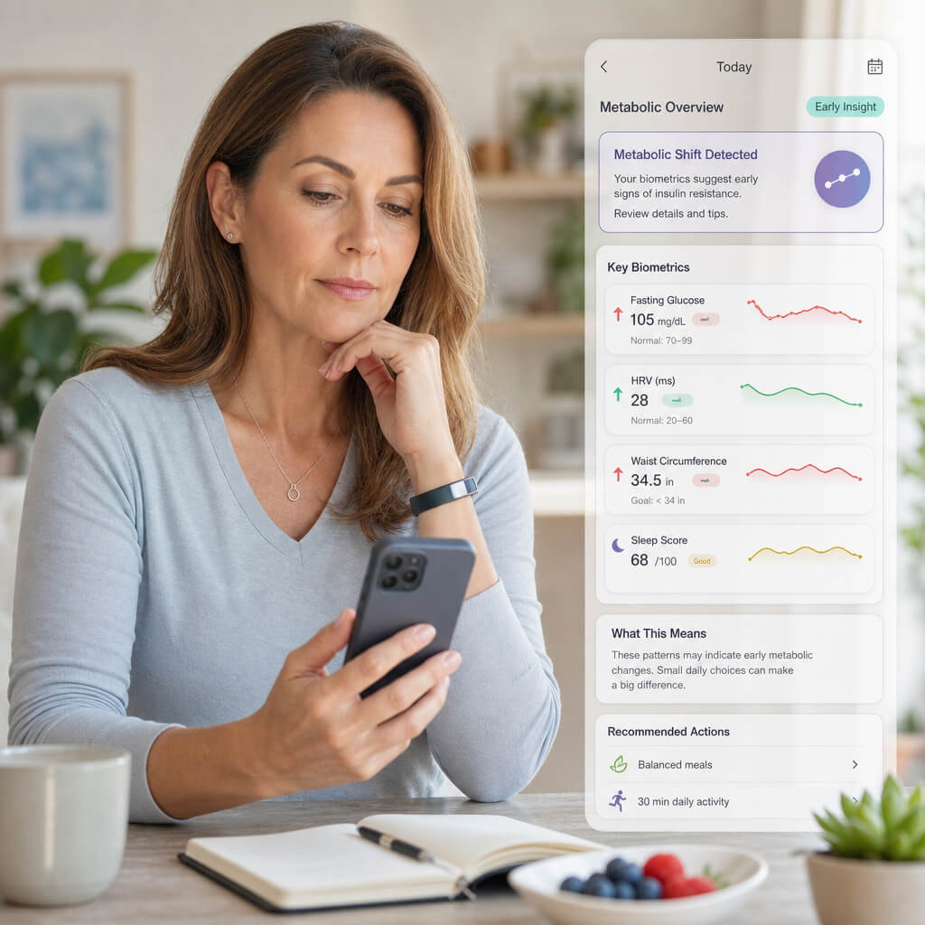 A professional, clinical lifestyle image of a woman over 40 looking thoughtfully at a biometric tracking health app, symbolizing the early detection of metabolic shifts.