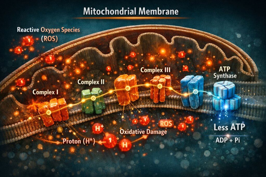 Graphical medical illustration showing the electron transport chain inside a mitochondrial membrane losing efficiency due to oxidative stress.