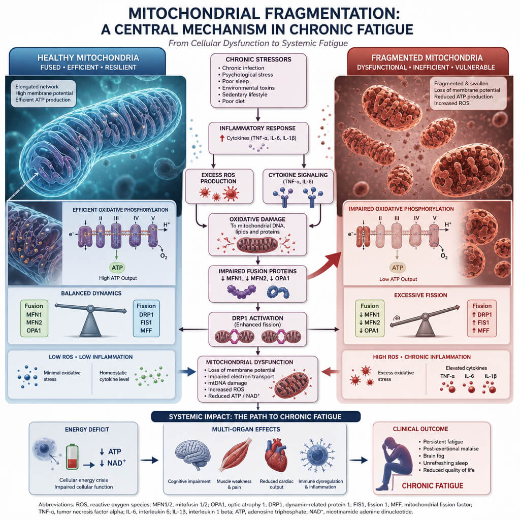 High-resolution diagram showing the cellular mechanisms where mitochondrial fragmentation becomes one of the core chronic fatigue causes.
