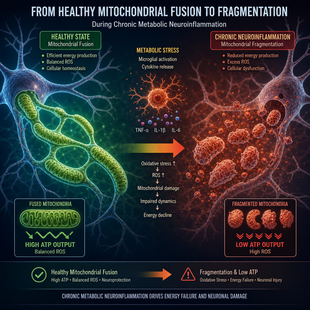 Diagram illustrating the shift from healthy mitochondrial fusion to mitochondrial fragmentation and low ATP output during chronic metabolic neuroinflammation.