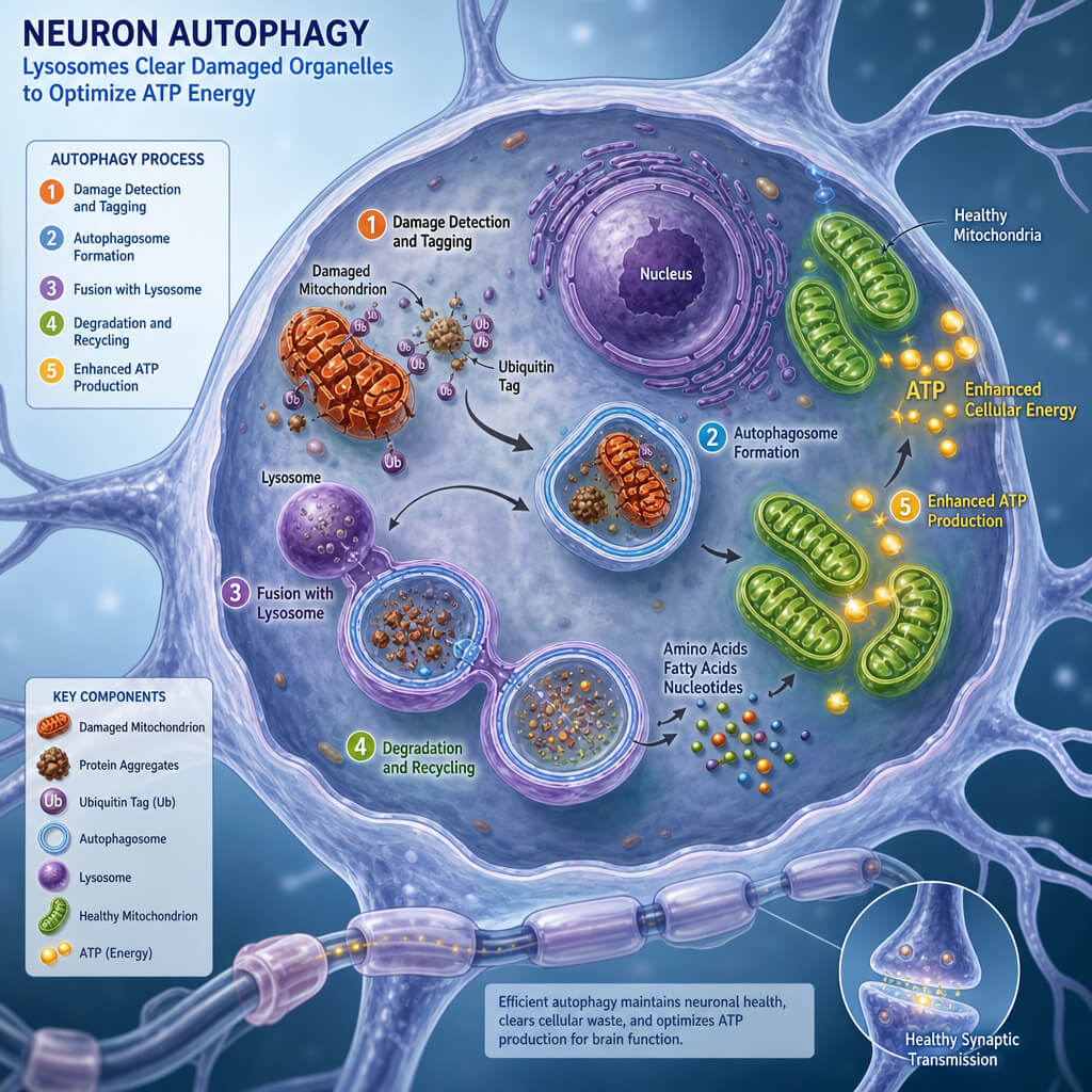 A detailed medical vector diagram showing a highly magnified view of a human neuron cleansing itself of broken organelles to optimize ATP cellular energy.