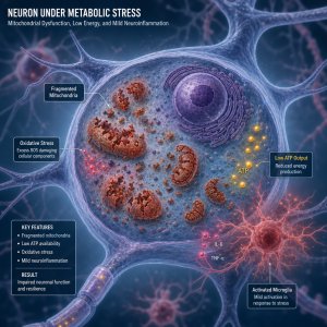 Scientific illustration showing how blocked neuroenergetic autophagy under metabolic stress leads to fragmented mitochondria and low ATP.