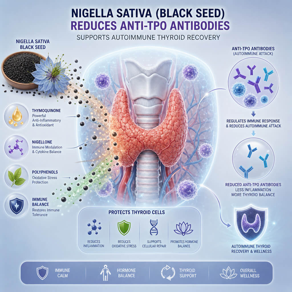 Scientific visual showing Nigella sativa black seeds acting as a botanical tool for autoimmune thyroid recovery by dropping anti-TPO antibodies.