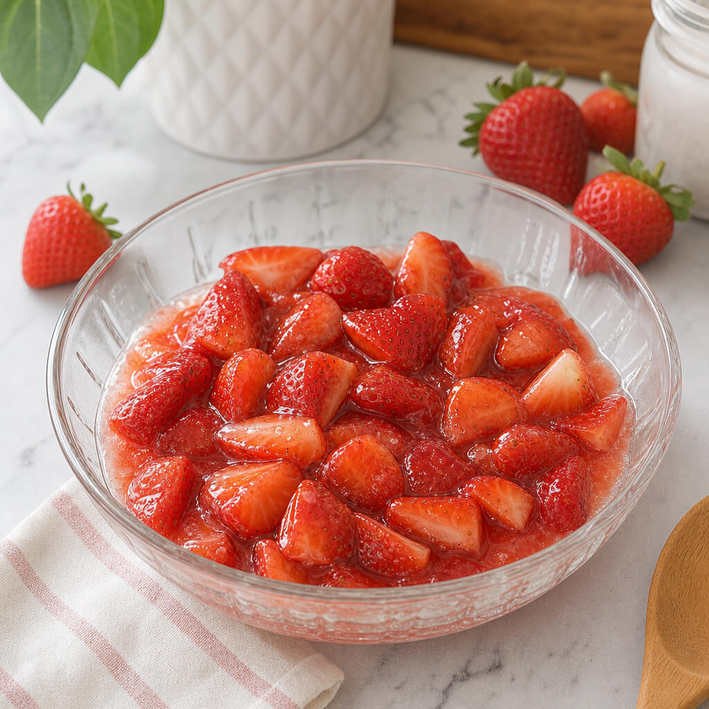 Glass bowl of fresh sliced strawberries coated in glossy homemade strawberry gelatin glaze — low‑sugar, gut‑healing, metabolic‑friendly dessert.