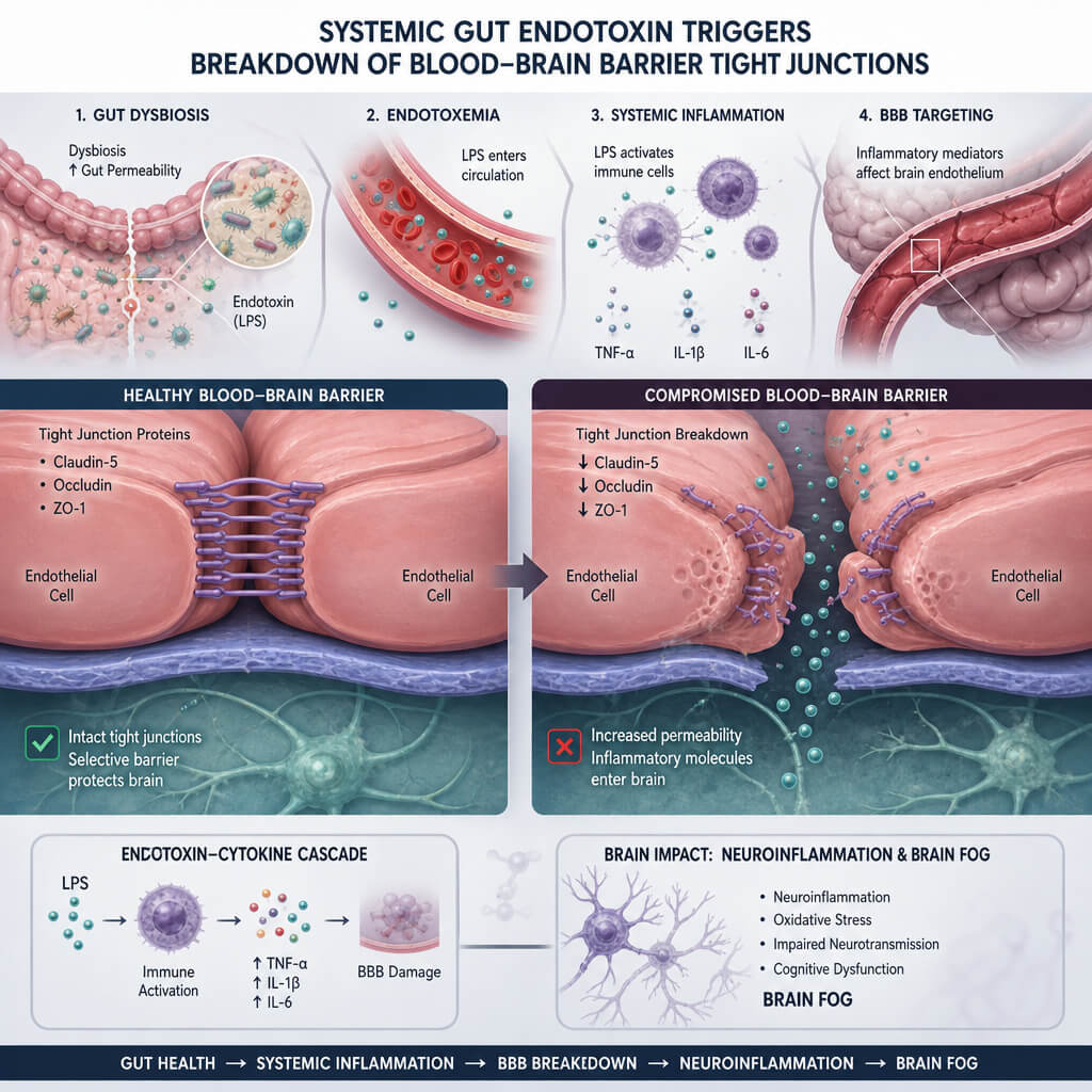 Scientific graphic displaying microscopic tight junctions of the blood-brain barrier degrading due to systemic gut endotoxin brain fog triggers.