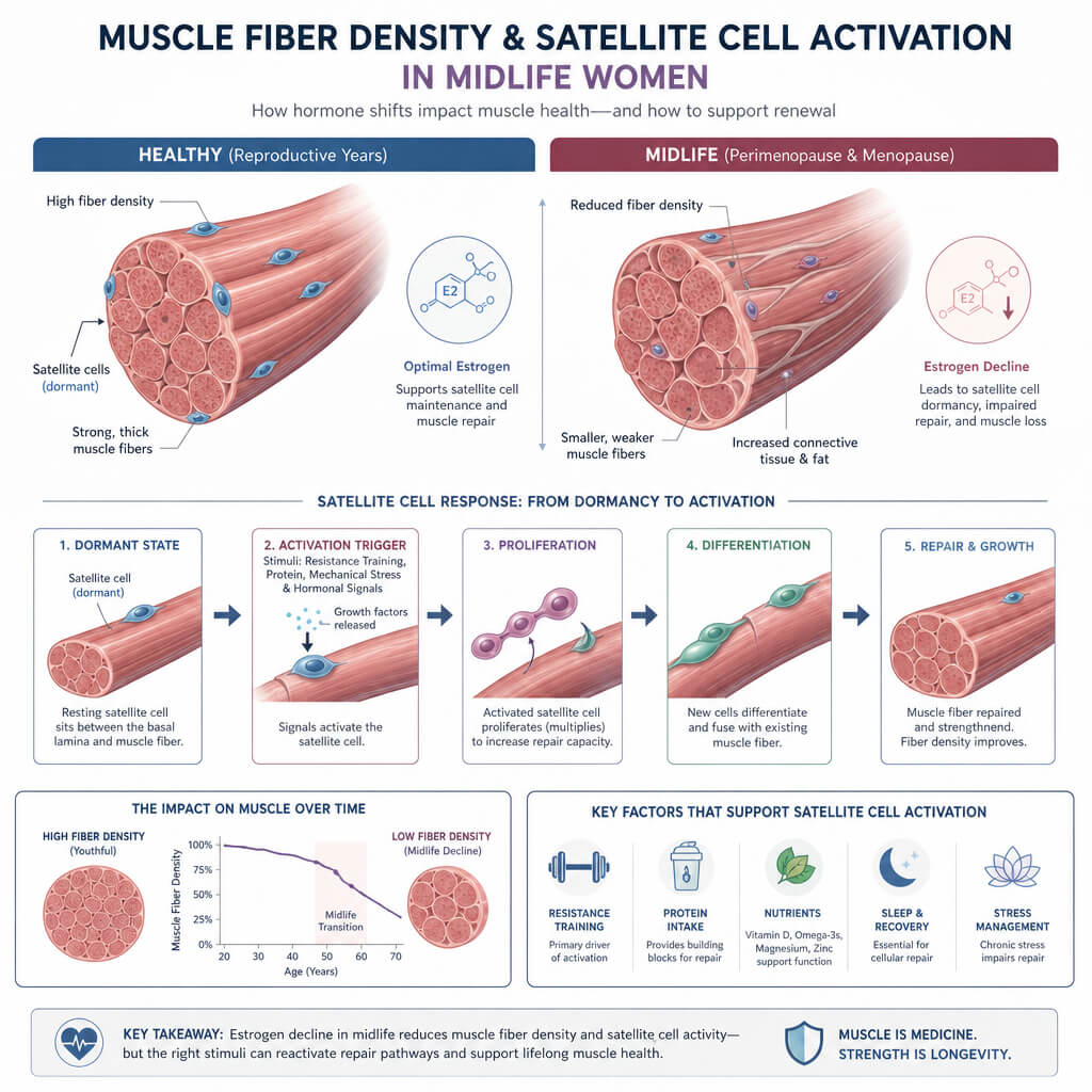 An accurate medical diagram displaying muscle fiber density changes and satellite cell activation in women navigating midlife hormone shifts.