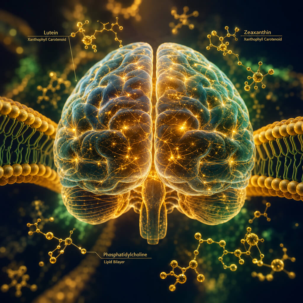 Conceptual scientific illustration of brain neural networks glowing with choline and lutein carotenoid molecules protecting against metabolic cognitive decline.