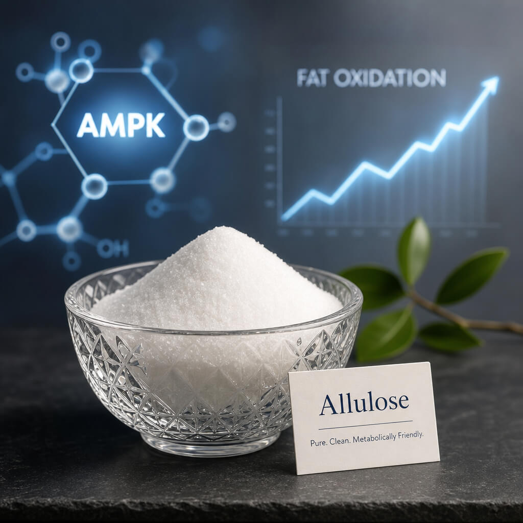 A culinary medicine style image showcasing pure allulose sweetener alongside conceptual abstract scientific graphics of AMPK activation and postprandial fat oxidation.