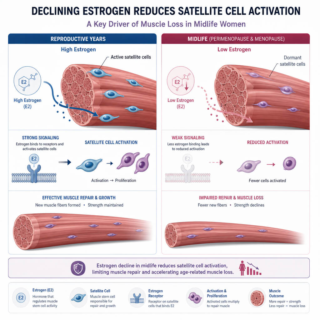 Scientific illustration showing how declining estrogen reduces satellite cell activation in midlife women.