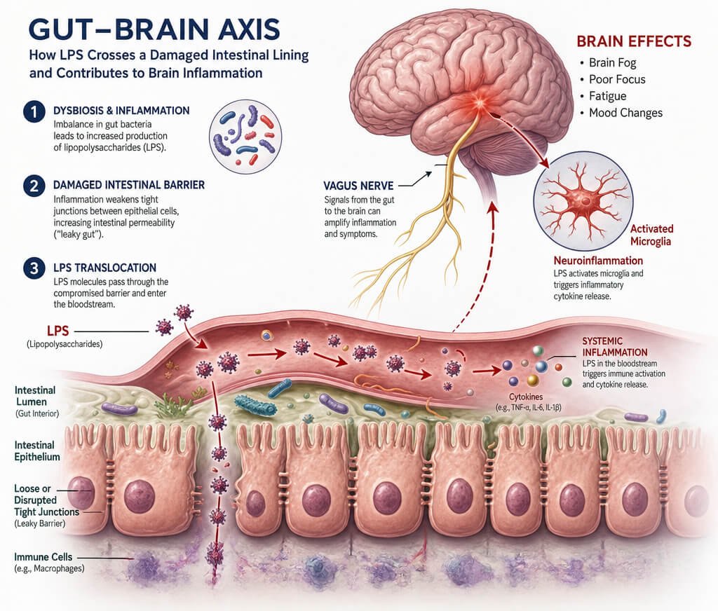 A detailed medical illustration showcasing the gut-brain axis, highlighting how gut endotoxin brain fog develops when lipopolysaccharides translocate across a damaged intestinal lining.