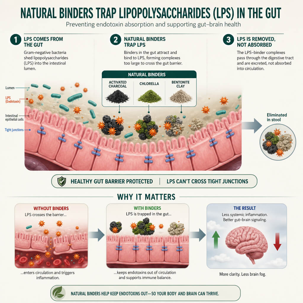 Functional health infographic demonstrating how natural binders trap lipopolysaccharides in the intestinal tract to alleviate gut endotoxin brain fog.