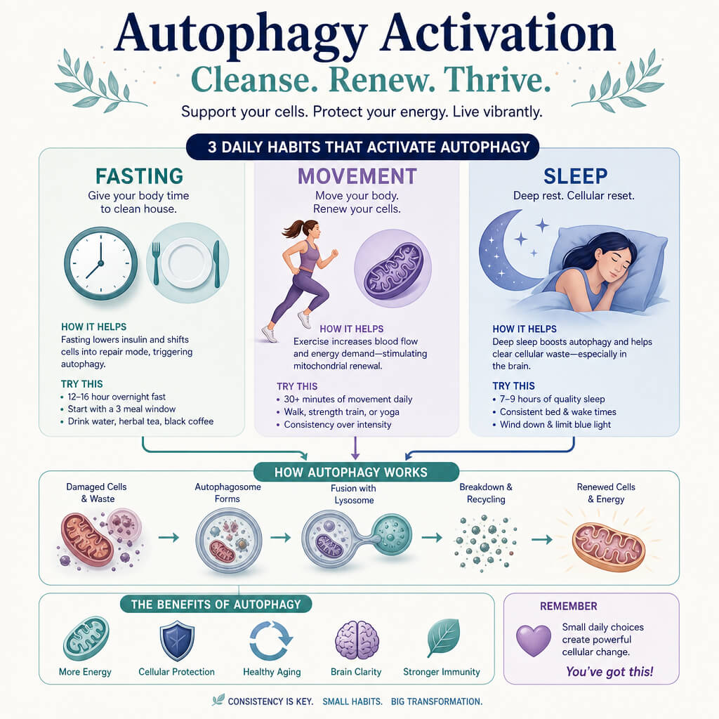 A beautiful, scannable functional health infographic detailing lifestyle habits that explain what is autophagy activation through fasting, movement, and sleep.