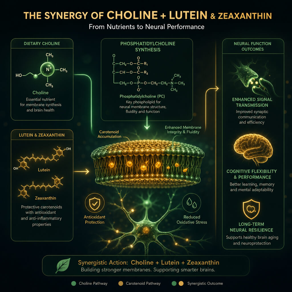 Diagram showing the interactive pathway between dietary choline, lutein, zeaxanthin, and improved executive function in overweight individuals.