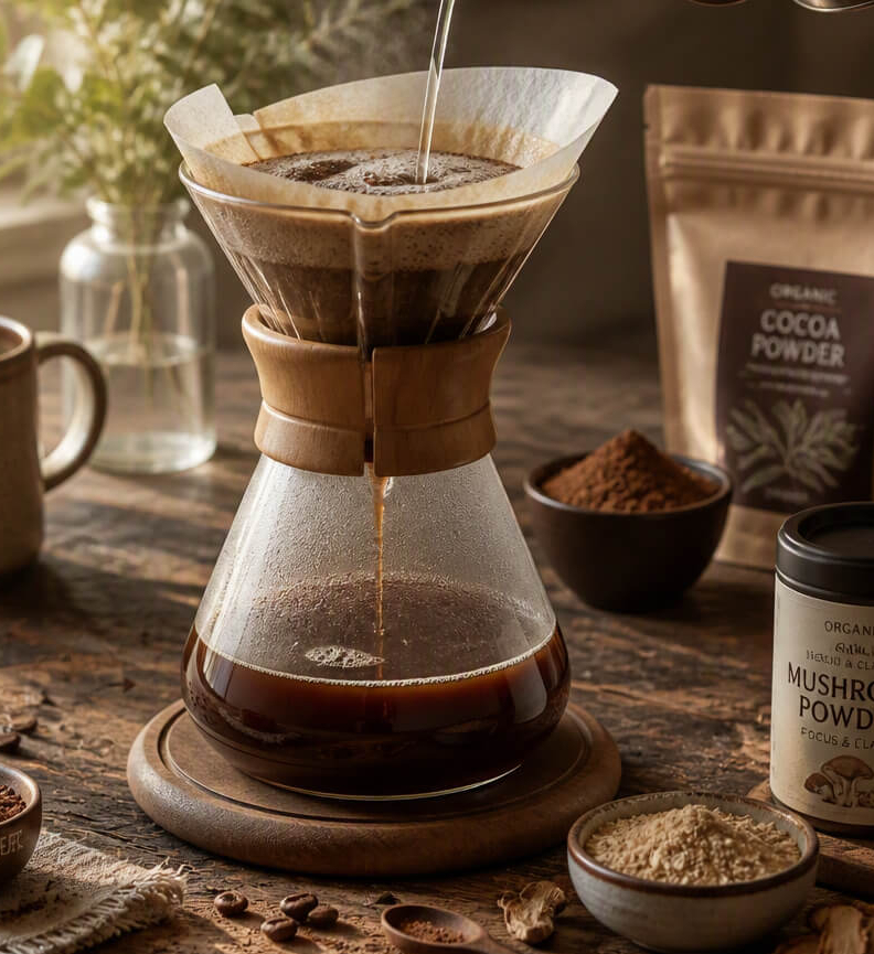 metabolic coffee recipe pour over brewing on wooden table