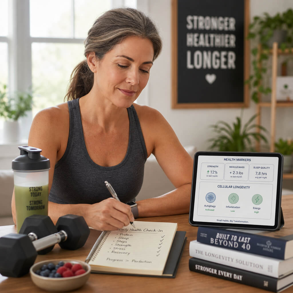 A professional lifestyle photograph of a woman over 40 tracking her health markers while focusing on strength retention and cellular longevity.