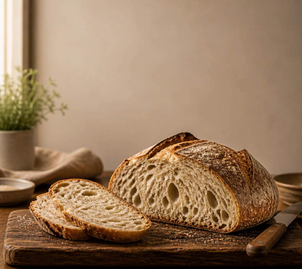 Freshly sliced organic sourdough bread loaf comparing Stone House Bread and Organic Bread of Heaven
