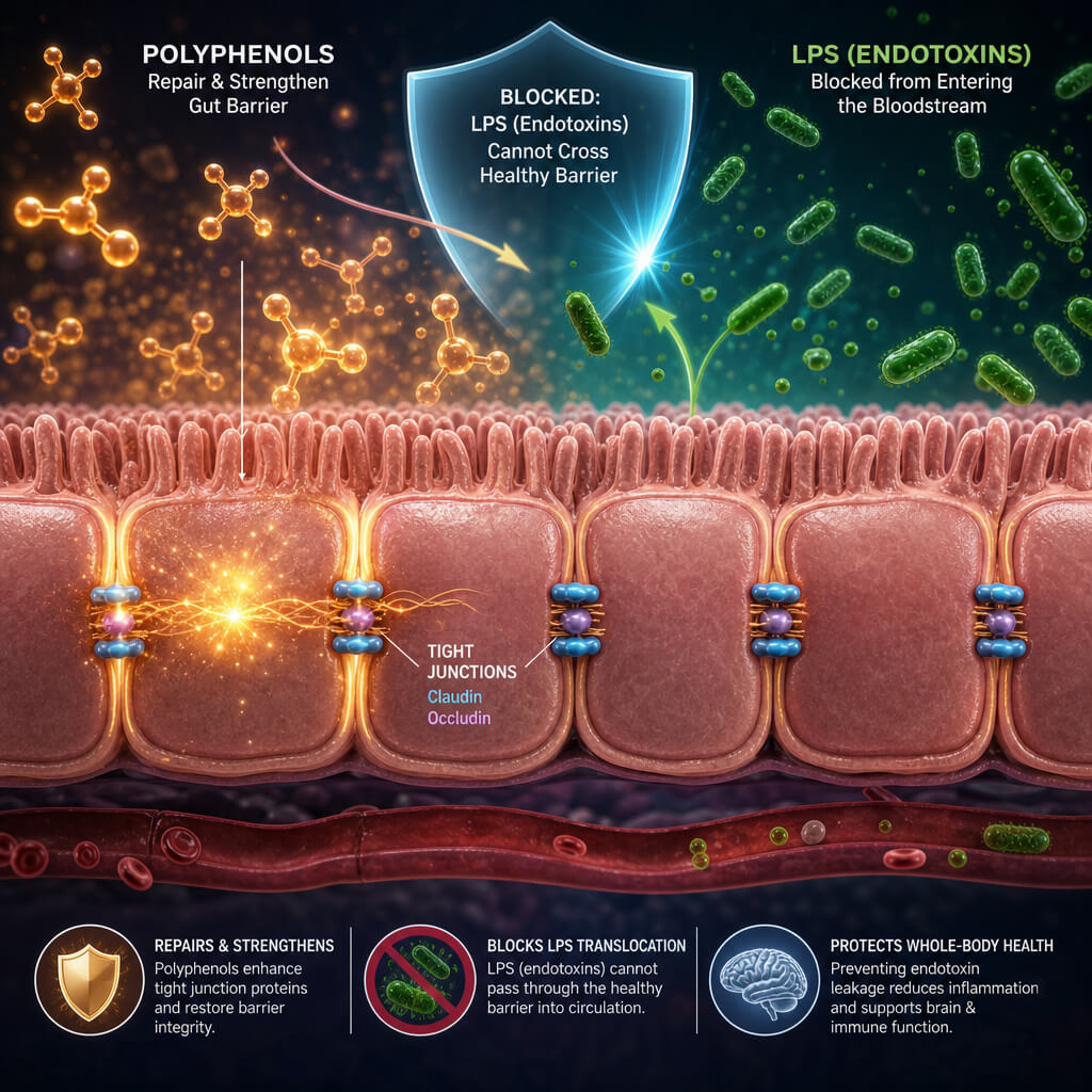 Scientific diagram illustrating how dietary polyphenols repair gut tight junctions and block lipopolysaccharides (LPS) from entering the bloodstream to prevent metabolic endotoxemia.