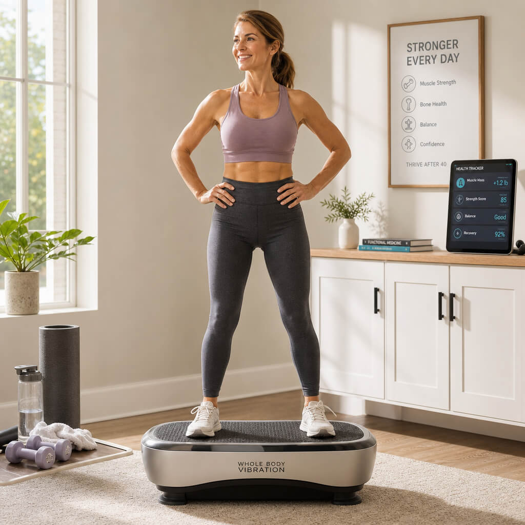 A professional lifestyle photograph of a fit woman over 40 utilizing a whole-body vibration platform in a sunlit home clinic setting.