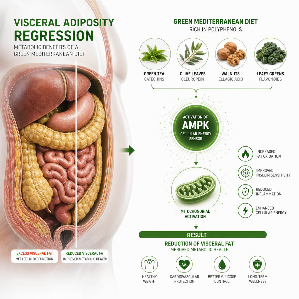 Medical graphic demonstrating visceral adiposity regression achieved through a green Mediterranean diet rich in polyphenols.