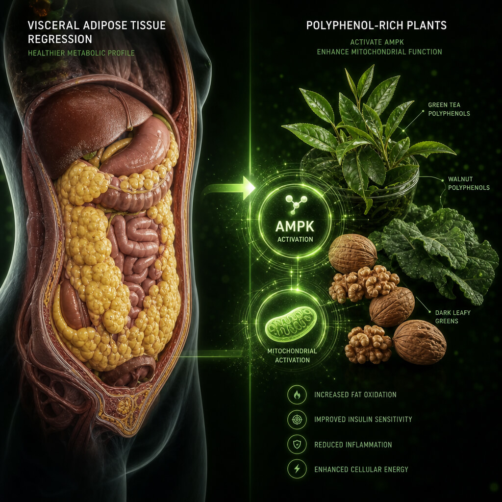 Medical graphic demonstrating visceral adiposity regression achieved through a green Mediterranean diet rich in polyphenols.