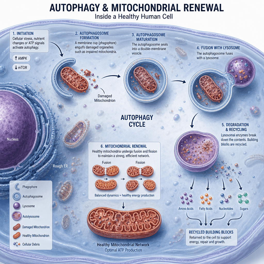A clean, scientific cellular diagram detailing what is autophagy and mitochondrial renewal inside a healthy human cell.
