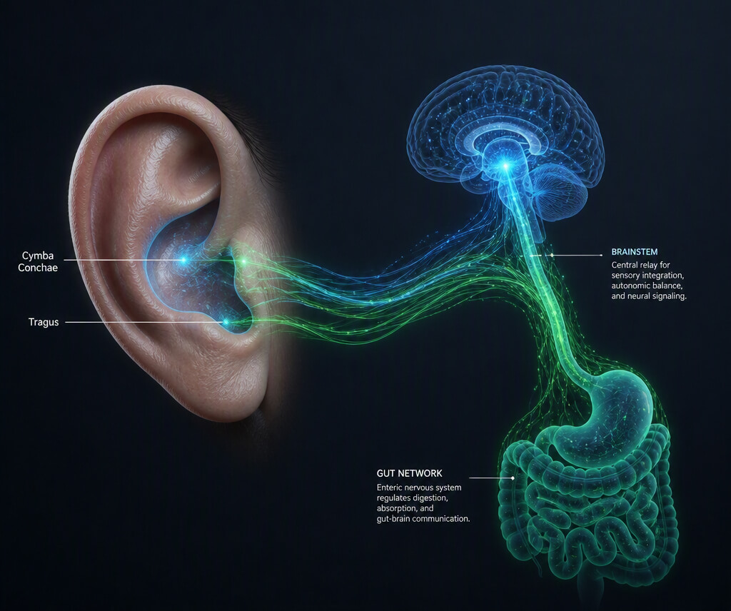 Diagram illustrating auricular vagus nerve stimulation pathways connecting the outer ear to the brainstem and gastrointestinal tract.
