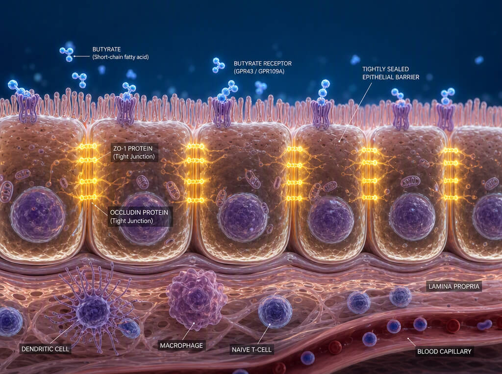 Diagram illustrating butyrate gut barrier repair, showing tributyrin sealing tight junctions and repairing intestinal epithelial cells.