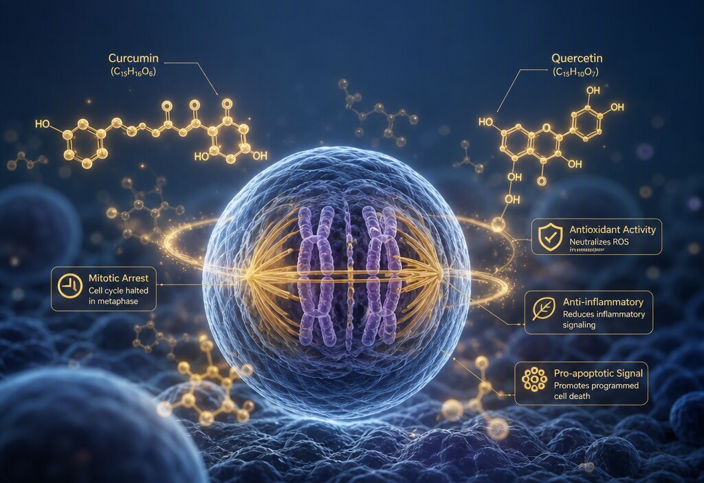 Illustration of natural botanical compounds inducing cancer cell cycle arrest at checkpoints.