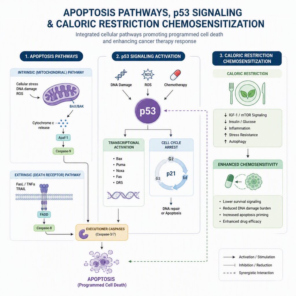 Diagram illustrating fasting chemosensitization and apoptotic pathways in cancer research.