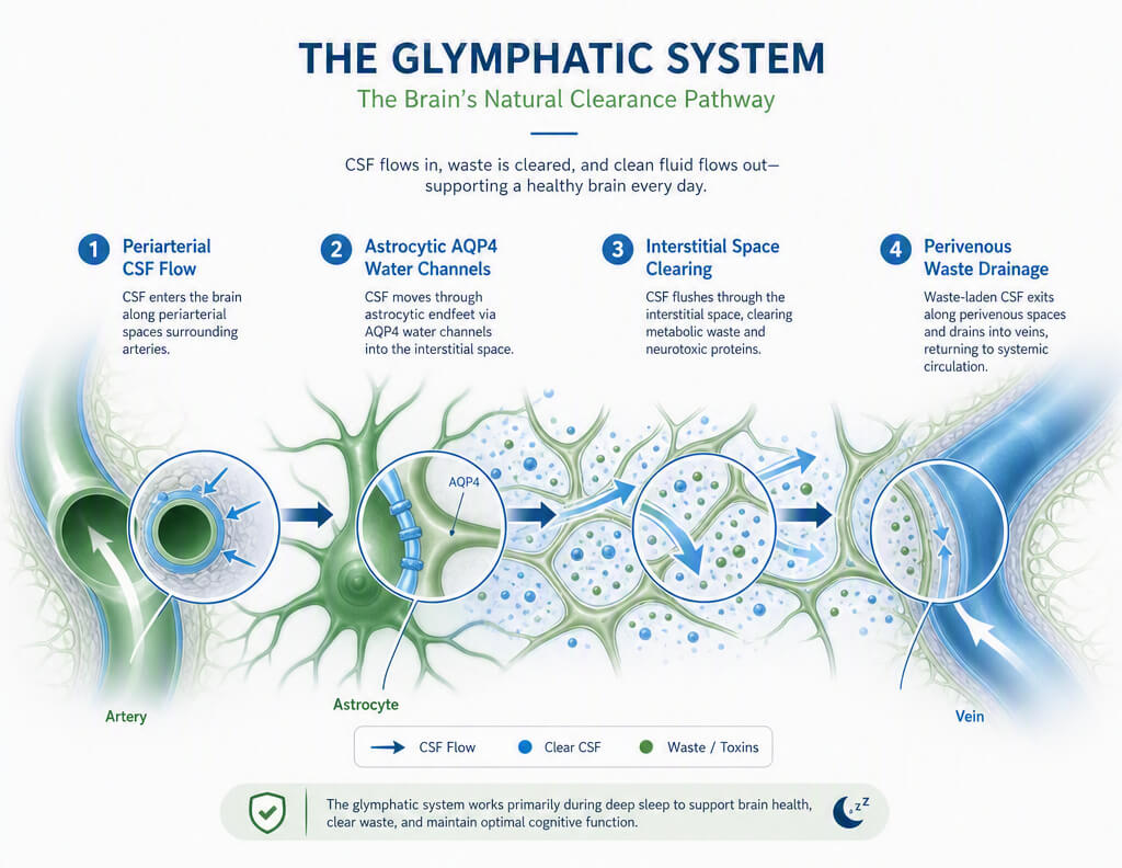 Infographic illustrating glymphatic clearance for cognitive decline including AQP4 channels deep sleep CSF flow and protein clearing