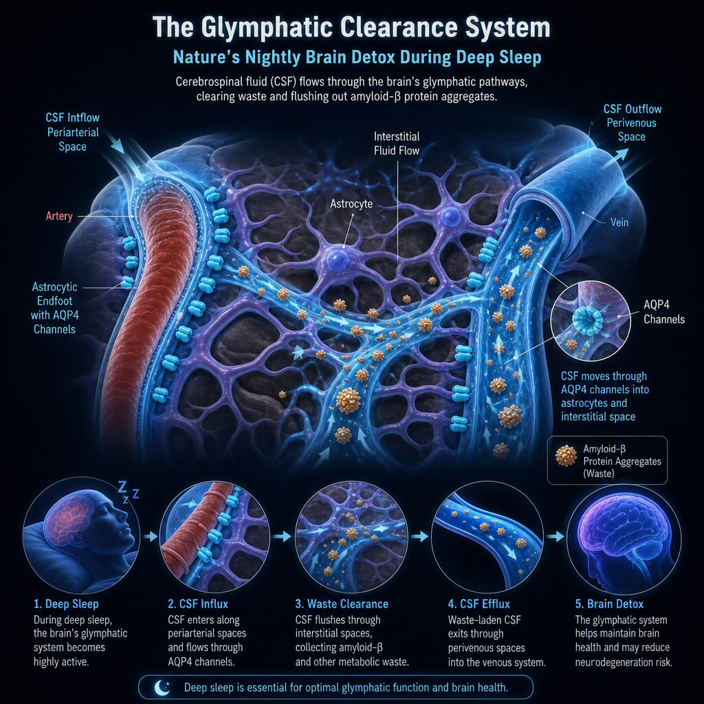 Infographic illustrating glymphatic clearance for cognitive decline including AQP4 channels deep sleep CSF flow and protein clearing