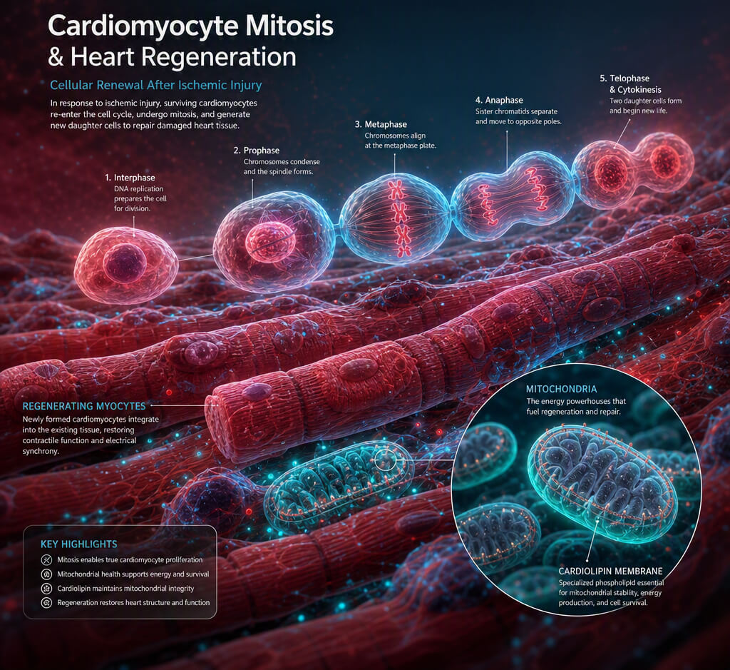 Detailed medical illustration showing human heart cardiomyocyte regeneration after heart attack and cellular mitochondrial repair.