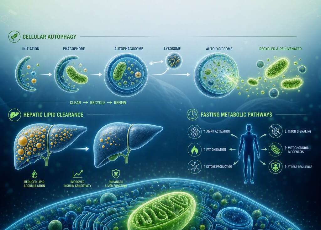 Illustration showing cellular autophagy, metabolic pathways of intermittent fasting, and liver cell renewal