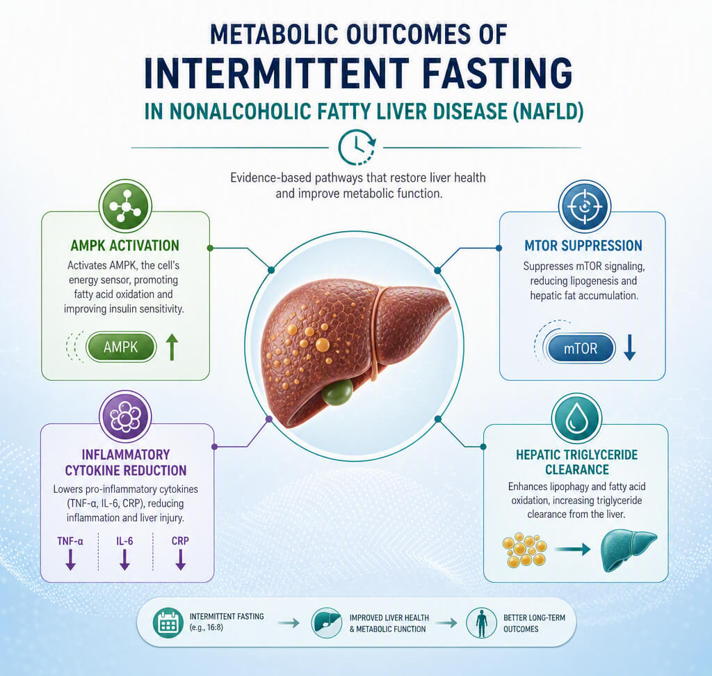 Infographic chart illustrating hepatic lipid reduction, insulin sensitivity restoration, and LPS cytokine suppression during fasting