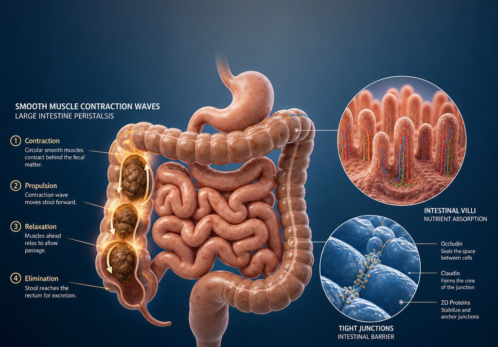 Detailed medical illustration showing large intestine peristalsis, balanced intraluminal pressure, and epithelial cell restoration.