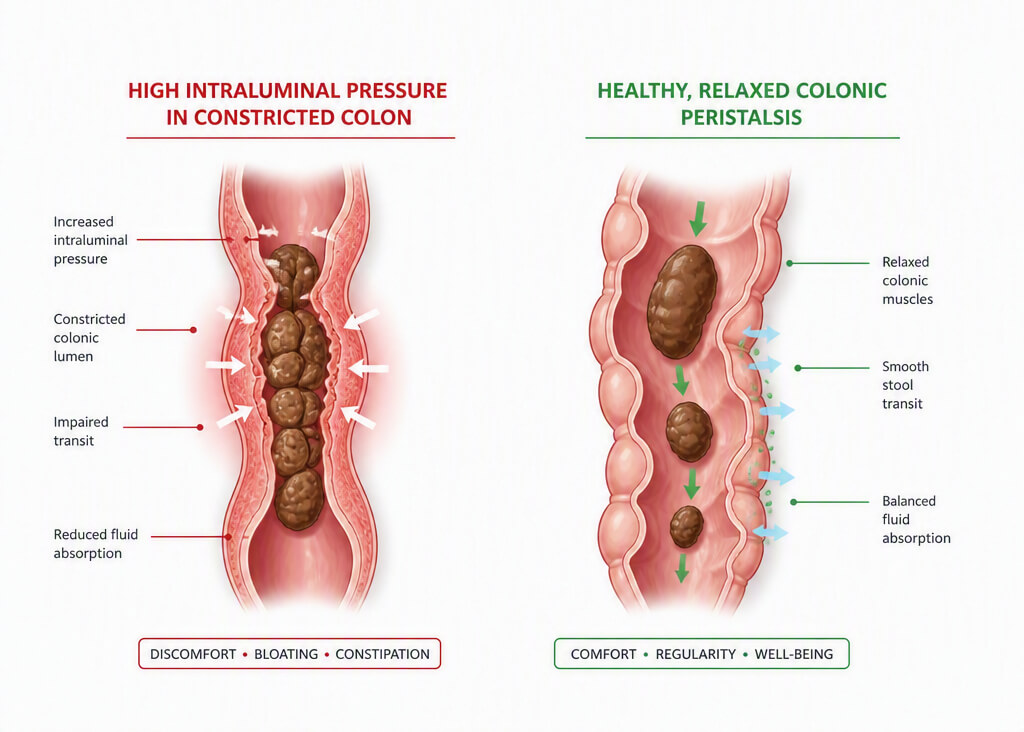 Diagram comparing high intraluminal pressure with healthy colonic motility and peristalsis.
