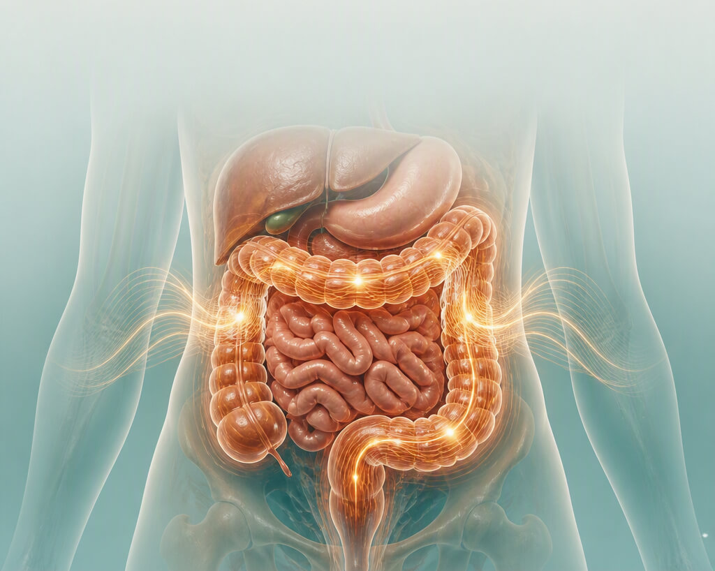 Illustration showing large intestine peristalsis and intestinal fluid flow for optimal gut motility.