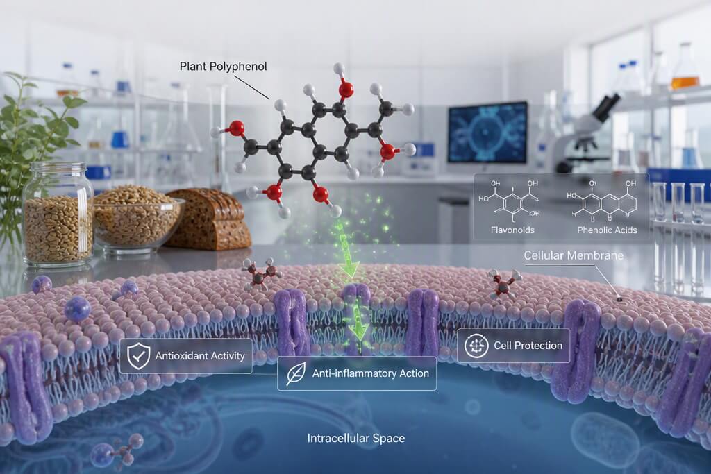 Scientific illustration of botanical compounds inducing natural cancer apoptosis in tumor cells