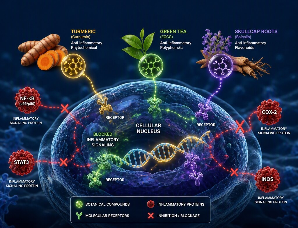 Illustration of natural NF-kB inhibitors blocking inflammatory signaling pathways in cellular oncology.