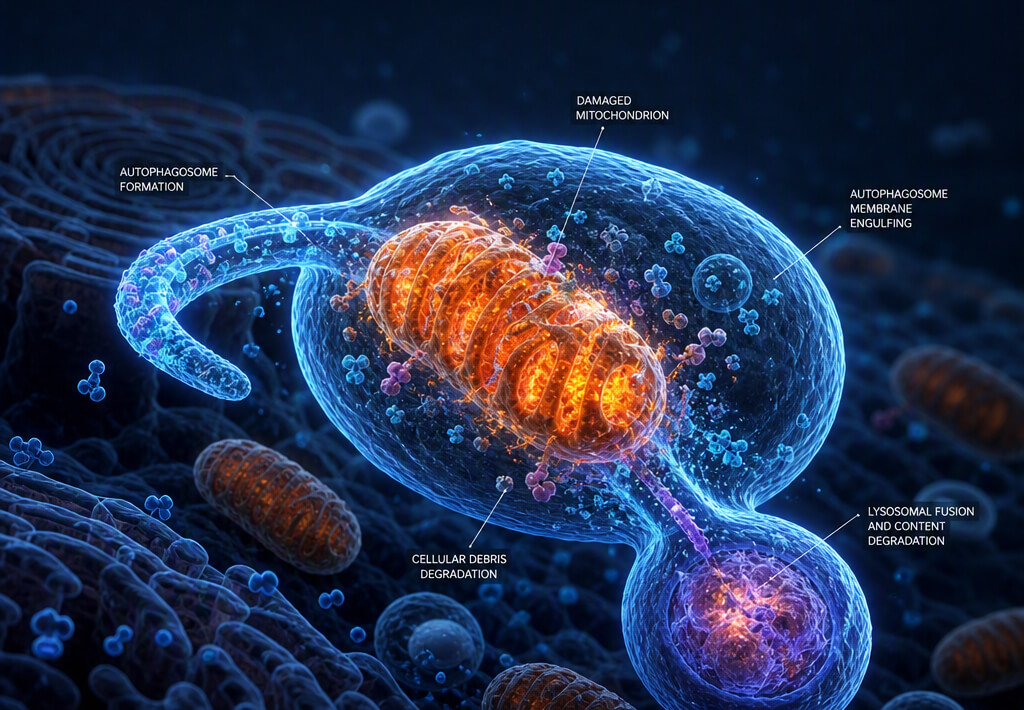 Diagram of spermidine-induced mitophagy selectively degrading damaged mitochondria and lipofuscin aggregates in senescent cells.