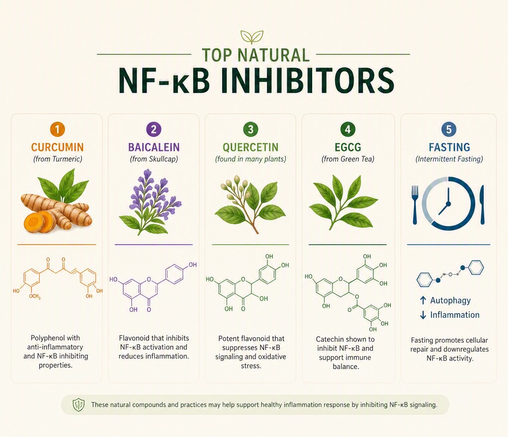 Infographic displaying top natural NF-kB inhibitors including curcumin, quercetin, baicalein, and EGCG.